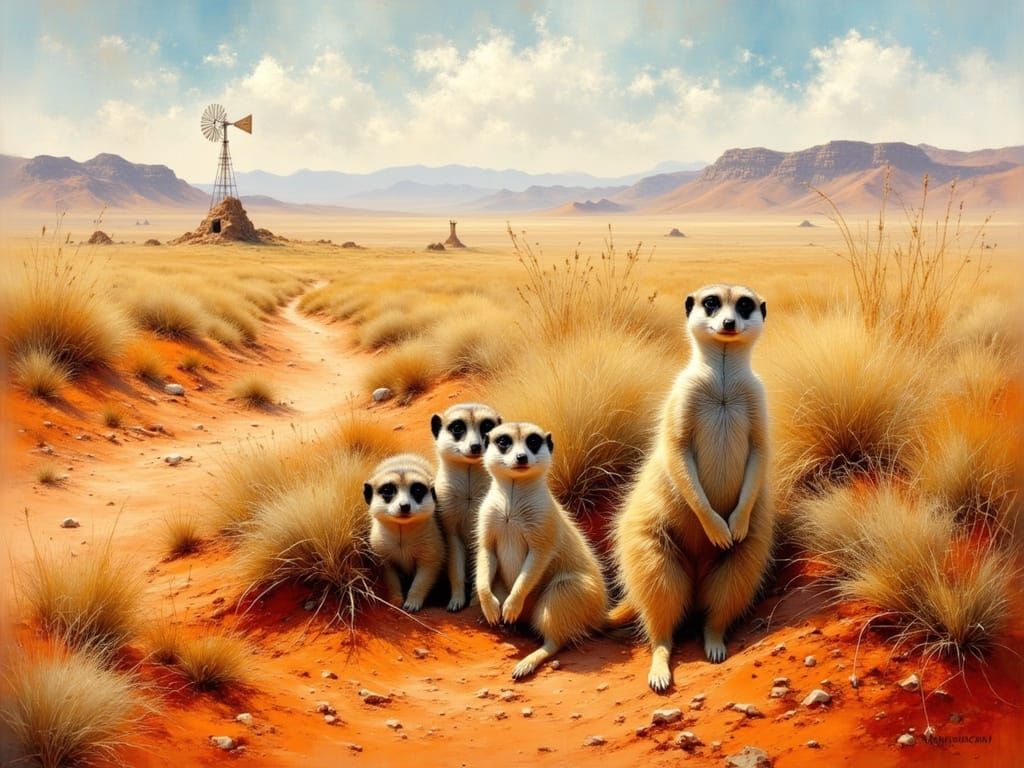 <lora:Africa - Karoo:1.0><lora:Akimora:1.0><lora:EtherealVisionsFlux:1.0>Painterly image. A closeup view of a family of meerkats popping the...