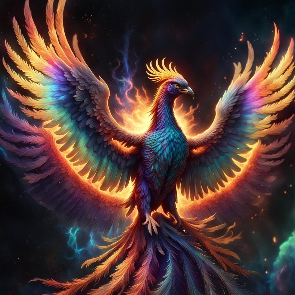 a holographic phoenix rising from cosmic ashes, its feathers...