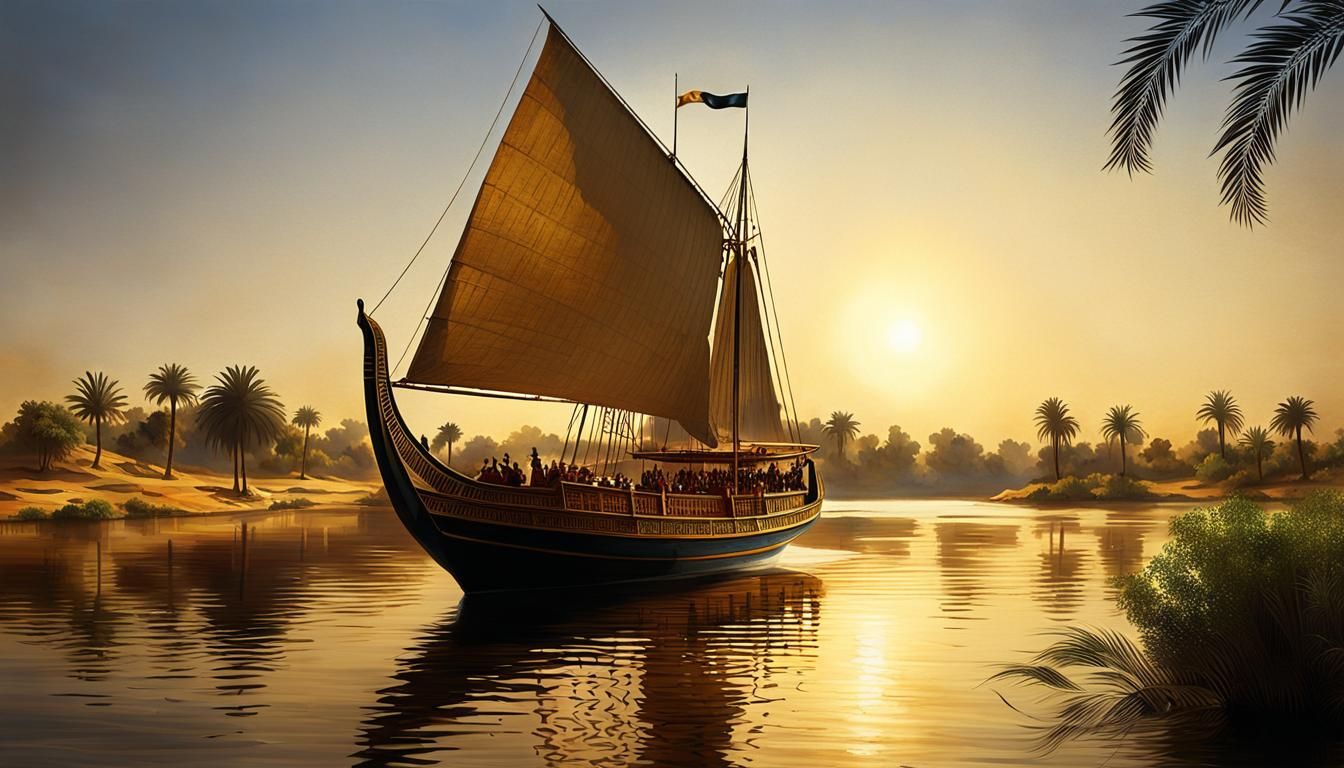 sailing in the time of the Ancient Egypt, ultra HD, trending on art-station, sharp focus, intricate details, ...  by @kamy