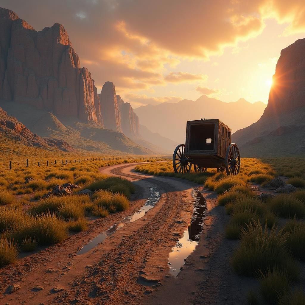 grassy landscape with wet dirt road through it , mountains in background ,broken down horse carriage in wild west times