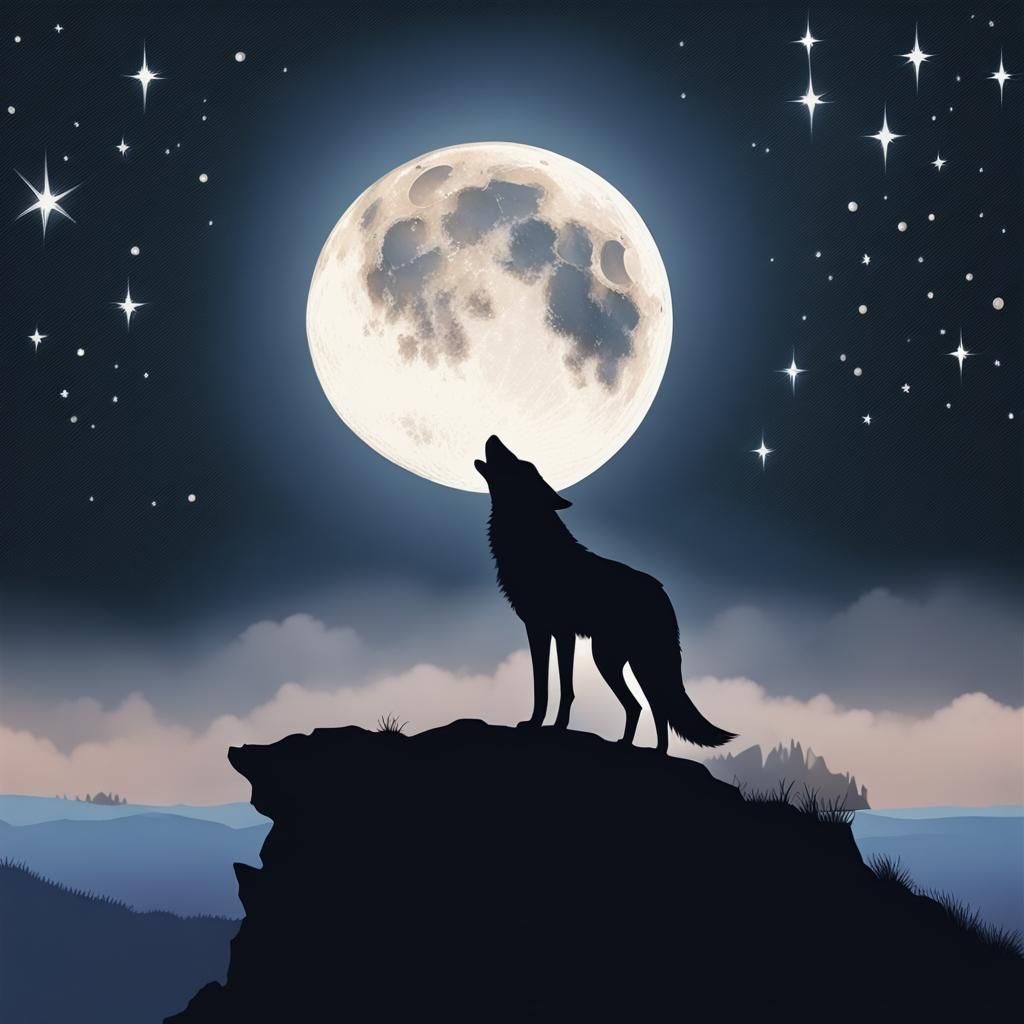 a wolf standing on a cliff sillouhetted by the moon, large m...