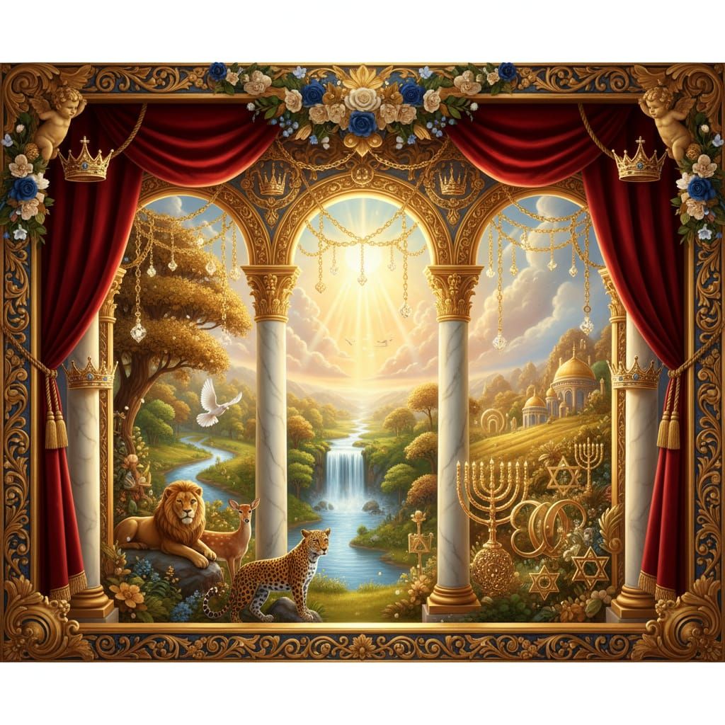 Ultra-realistic digital painting, masterpiece, extremely detailed, 8K resolution. 
A magnificent Sukkah decoration artwork with rich golden ...