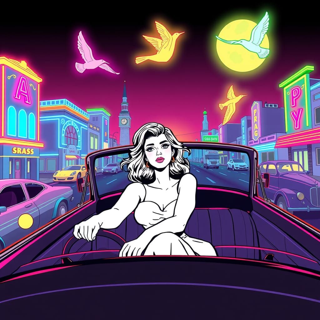 An scene in the style of 1920s cartoons, featuring a frontal view of a retro pinup in a vintage car driving through a retro city. The charac...