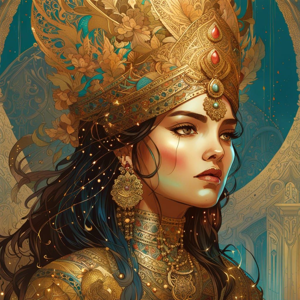 Ornate Persian Princess with Golden Outlines