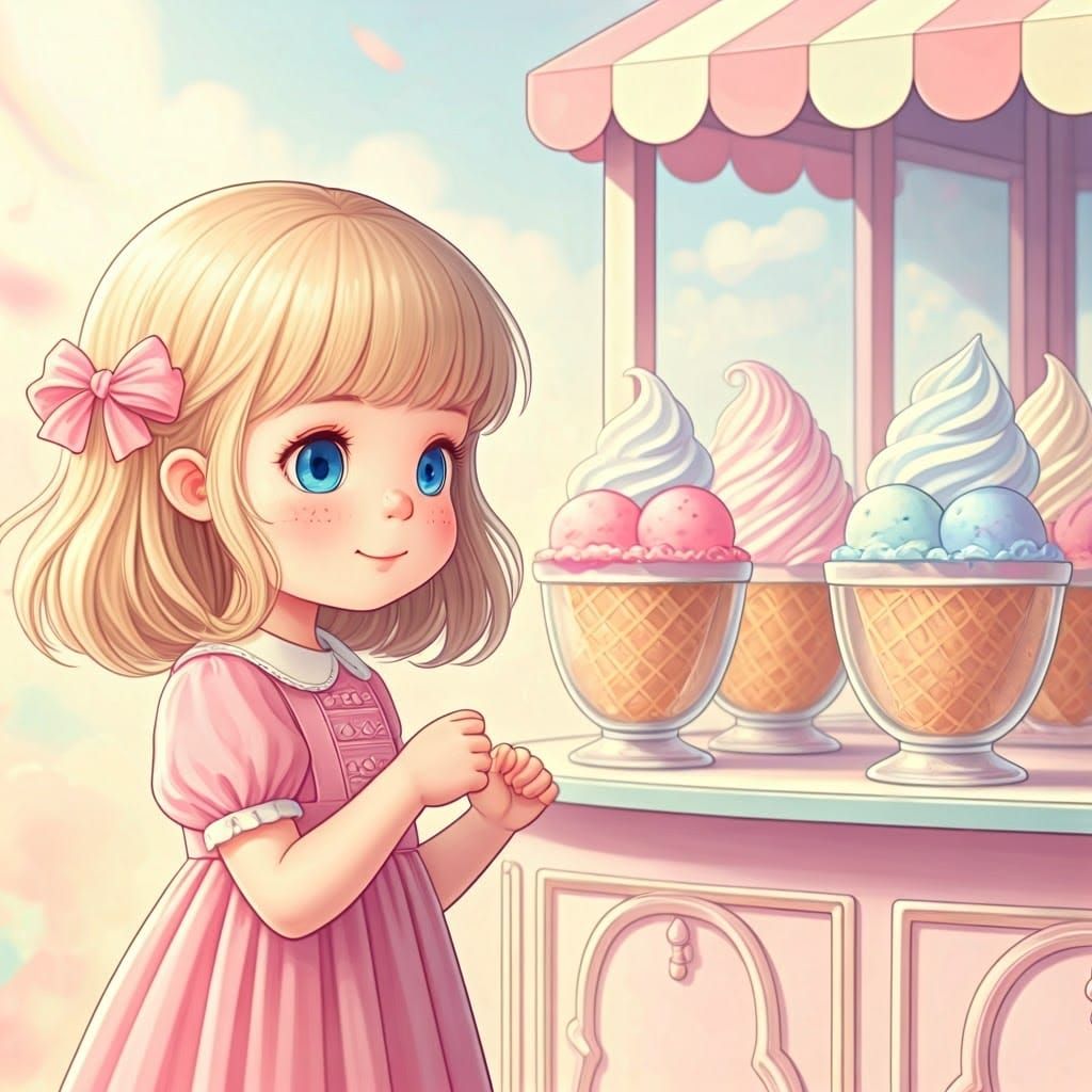Whimsical Little Girl Admires Ice Cream Treat