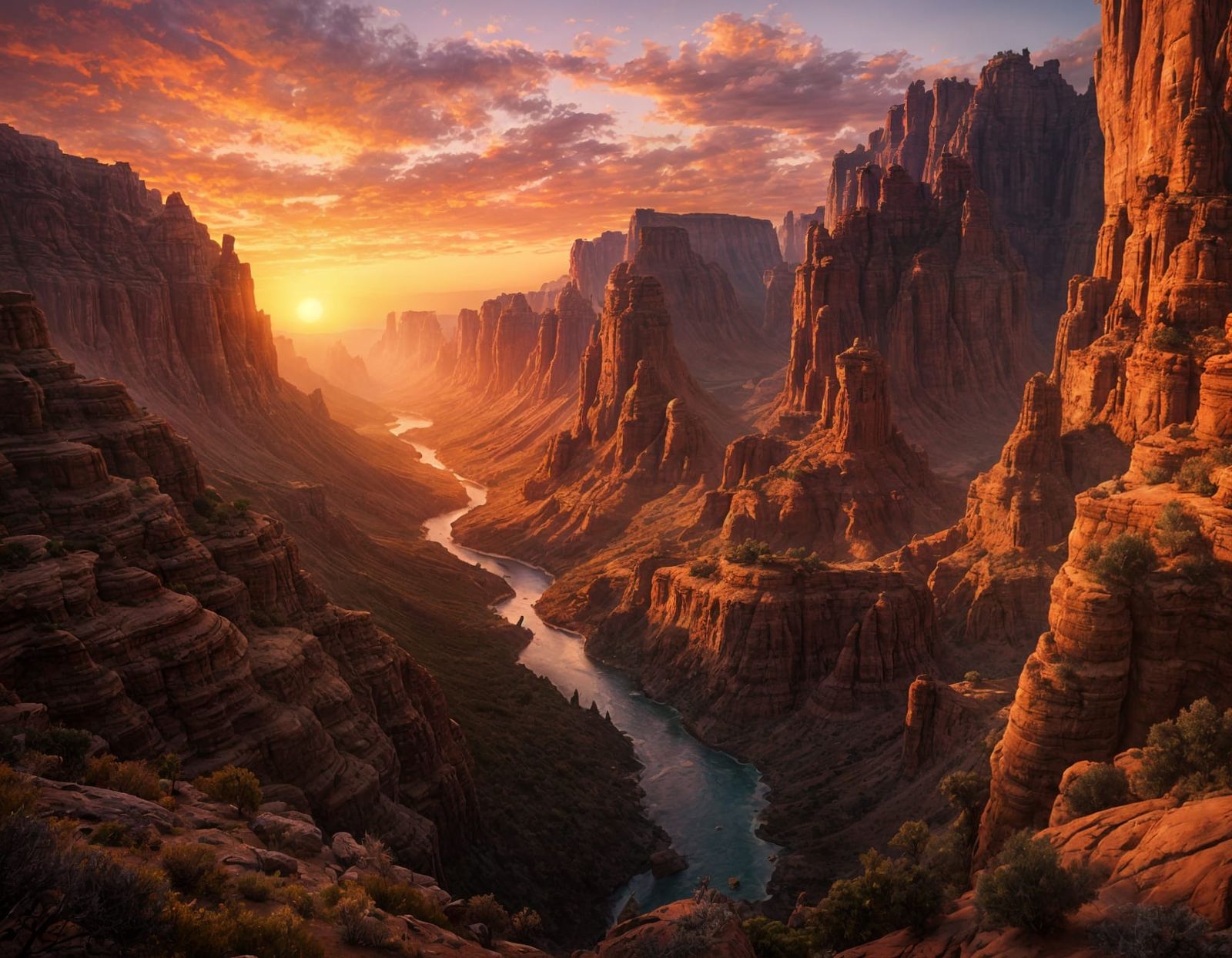 Majestic Canyon Vistas at Sunset: Detailed Matte Painting