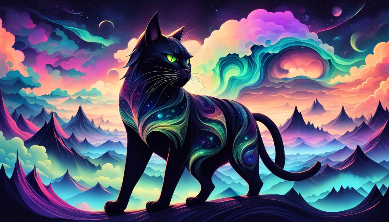 clouds sky aurora borealis sunset forming giant webbing wings fangs neon hairy black cat mythical horse ...  by @Parmentation