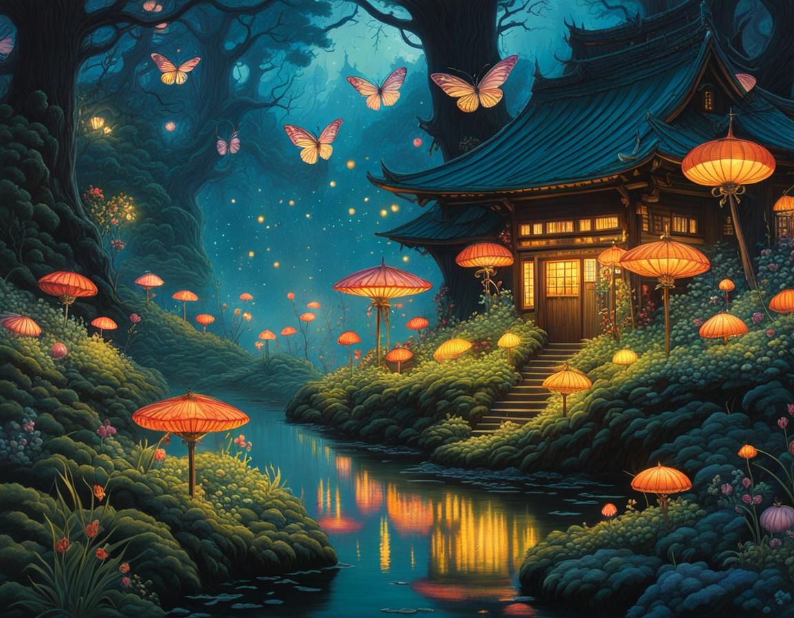 Detailed Fairy Scene with Fireflies and Bokeh