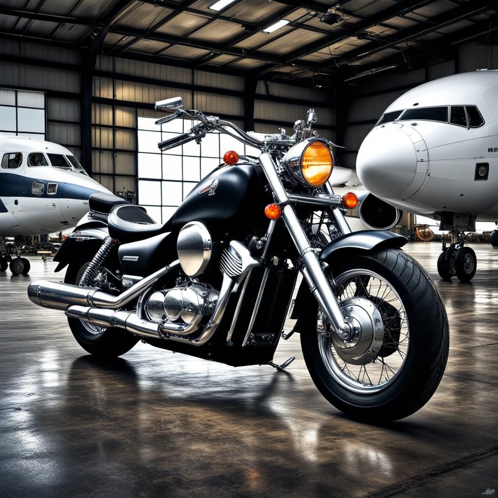 Honda Shadow motorcycle in a hangar