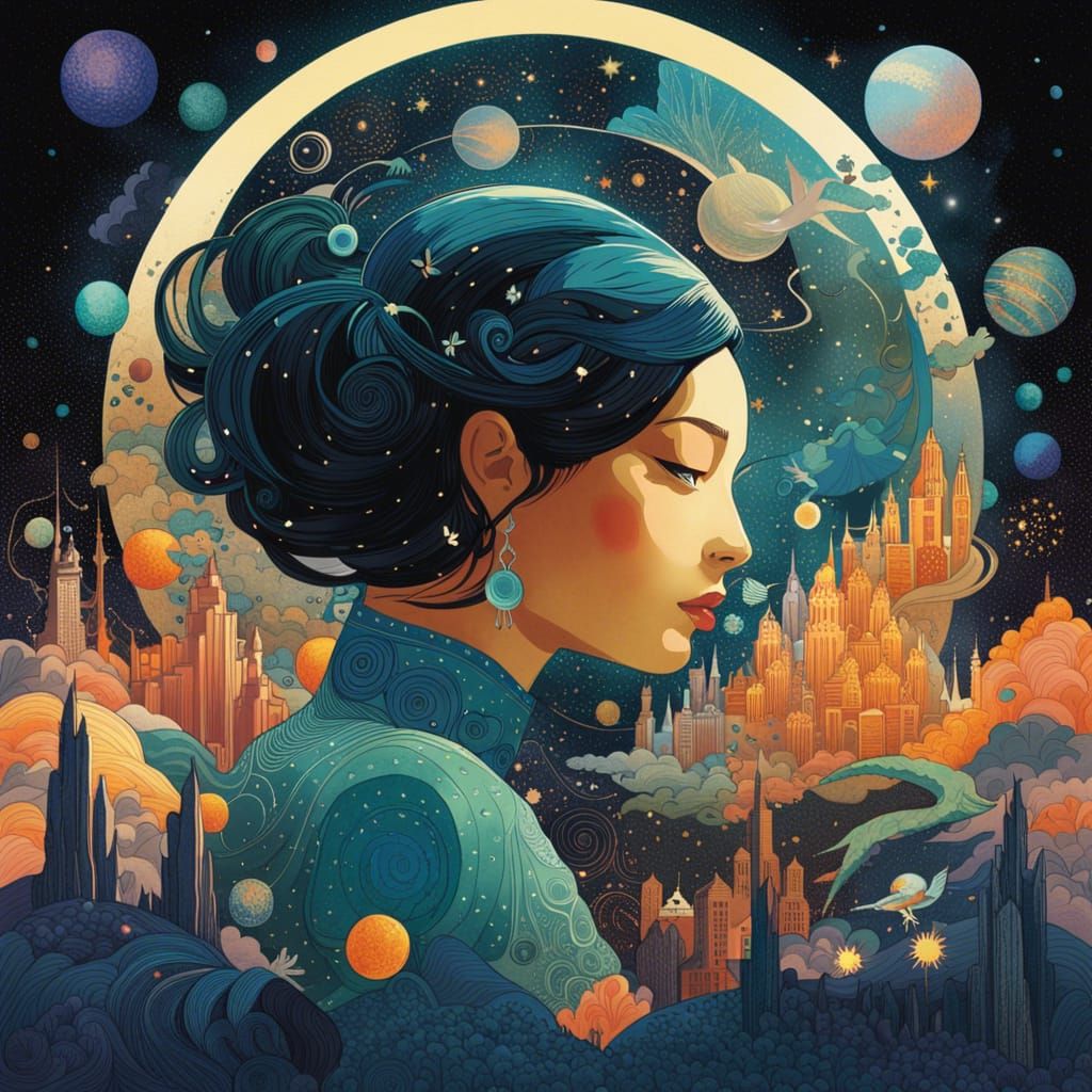 "journey to the center of the Fantasy Constellation Universe" double exposure collage art illustration, ...  by @HarrietM