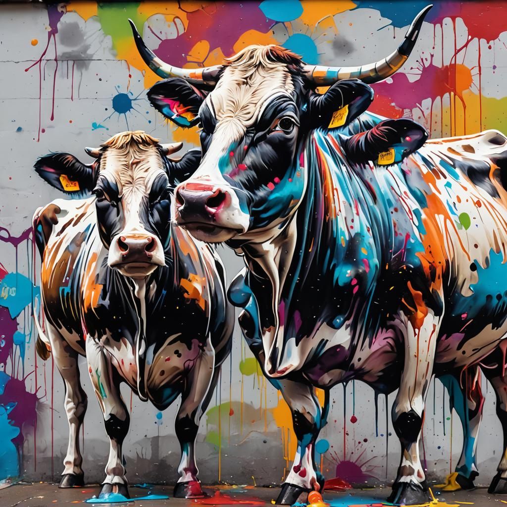 Street Art: Cows Milking in Graffiti Style