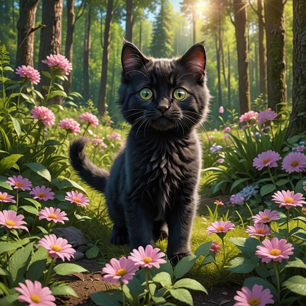 A small cute black fluffy kitten