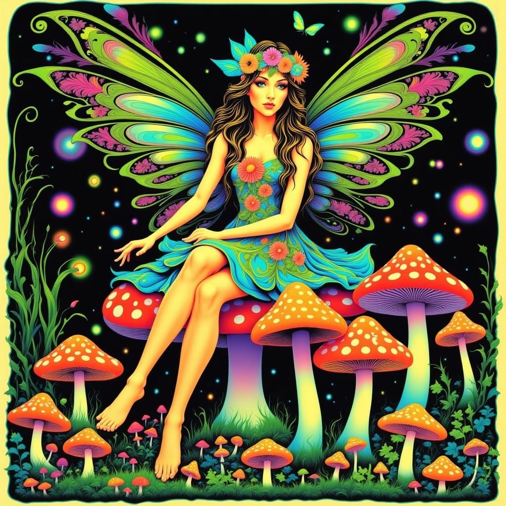 Fairy on a mushroom, retro poster illustration, <lora:Vintage Blacklight:1.0> 
