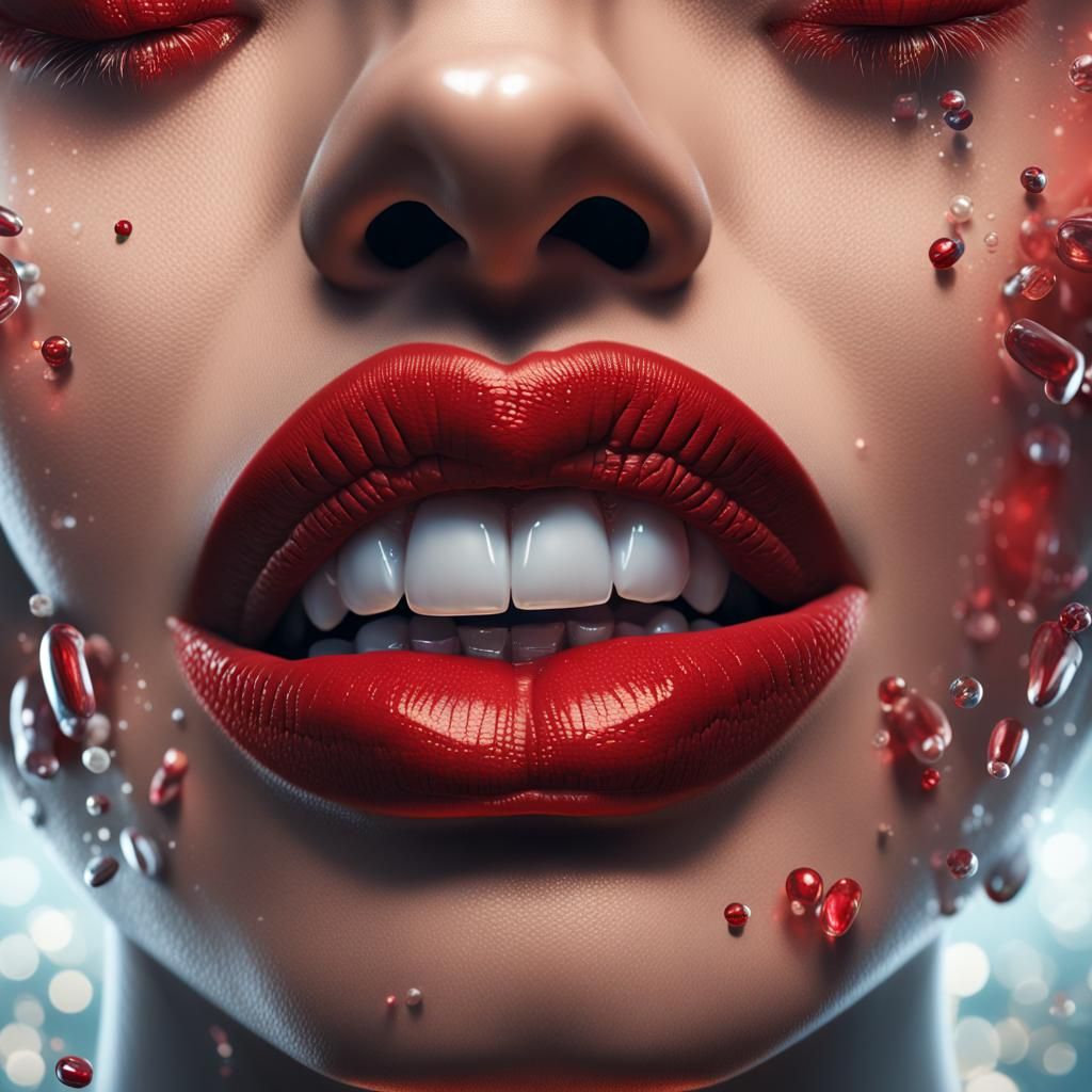 Realistic Close up woman's lips fresh red lipstick glistenin...