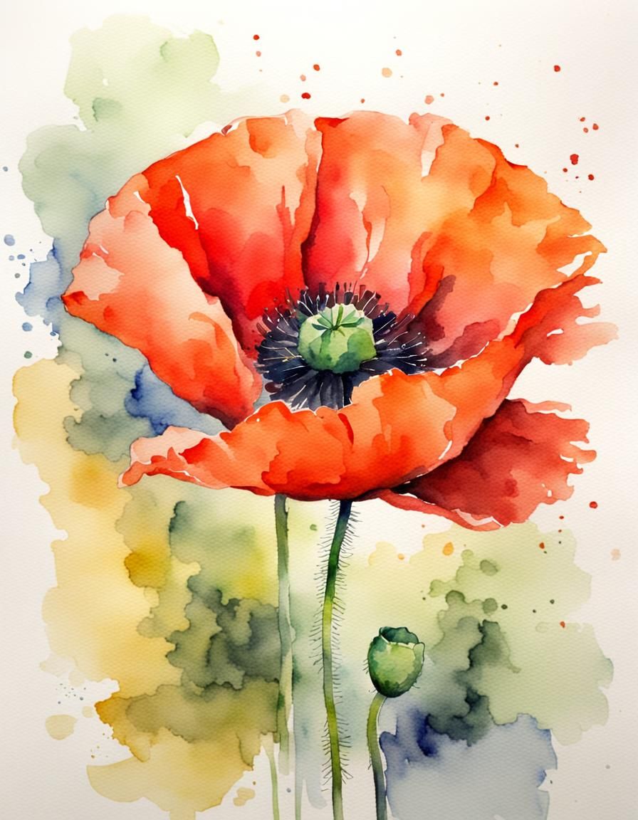 watercolor, one single poppy flower