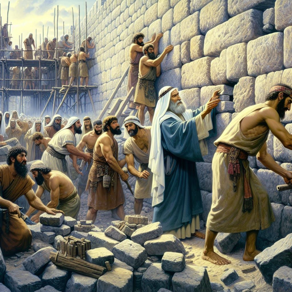 Nehemiah leading the Jews in rebuilding the walls of Jerusalem