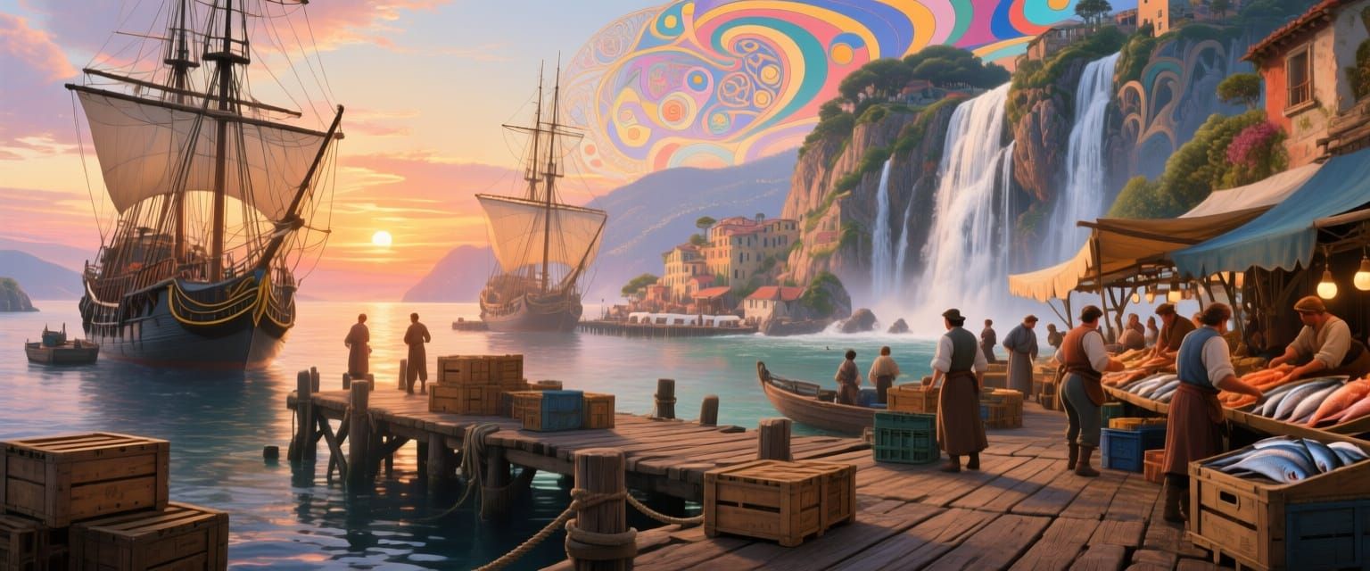 Ships on a dock of a cascading Italian island, textured wooden Dock, ships, crates, sunset, fish market, people, insanely detailed, İsmail İ...