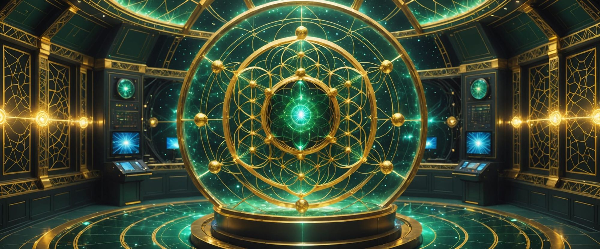 “New Earth simulation control room, mystical quantum computer made of sacred geometry, Flower of Life and Metatron’s Cube forming a luminous...