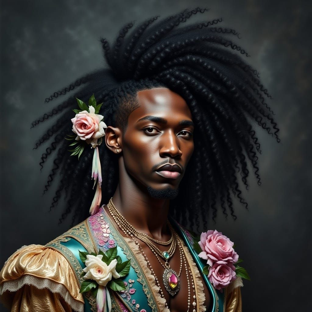 <lora:Princess Intensity:1.0> Gorgeous Polynesian Hawaii man in a rococo bright rainbow gown, baroque, painting style, artistic, rich, dark...