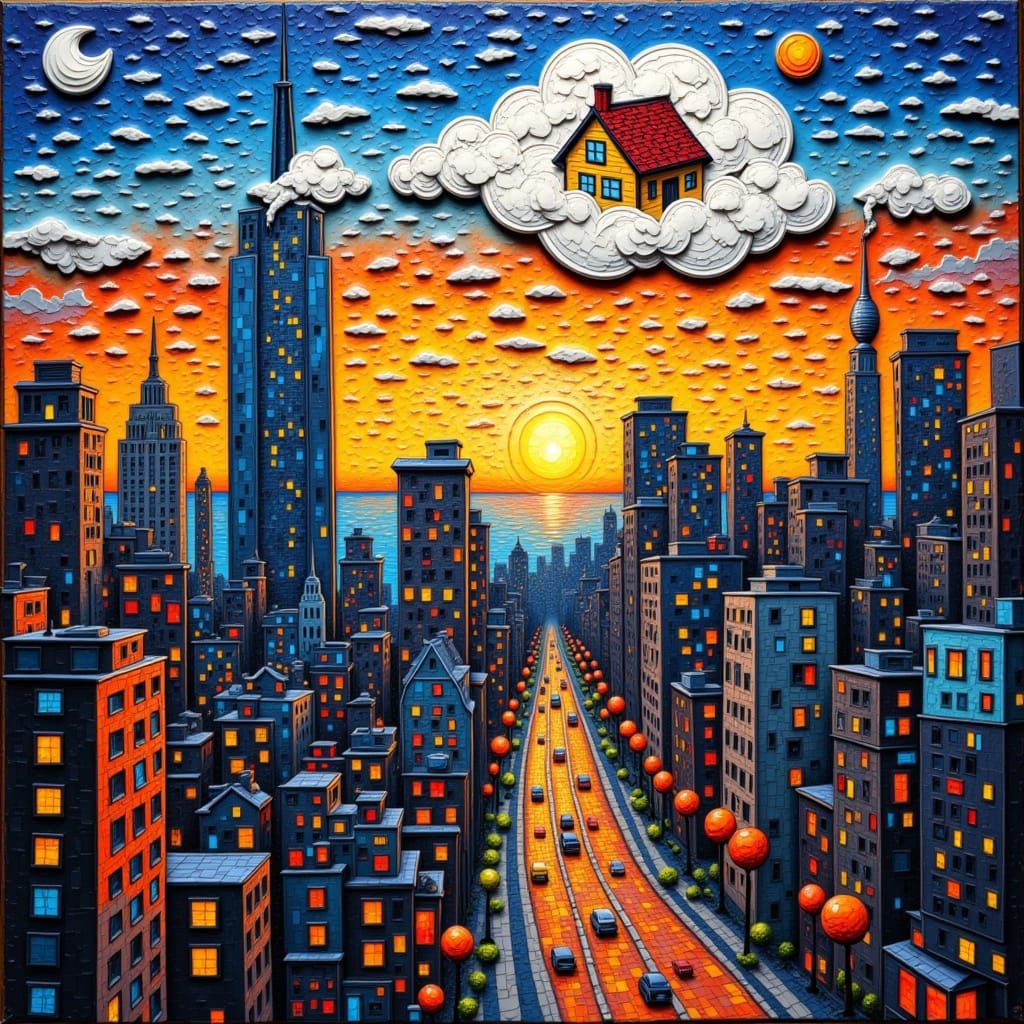 Mosaic of a cityscape with a cloud shaped like a house in the sky. 