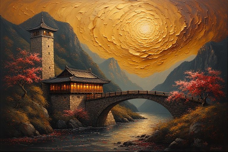 Textured gold paint behind the bridge