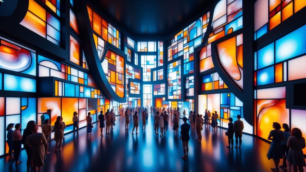 Zaha Hadid and Piet Mondrian in a futuristic studio filled with sleek lines and neon lights, surrounded by holographic displays and parametr...