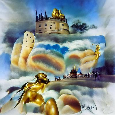 golden castle on the clouds, heaven, golden statue, rainbow,...