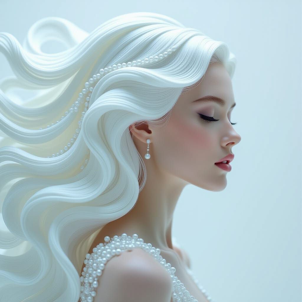 A striking portrait of a woman whose hair is sculpted into a cascading waterfall of pure white, flowing ...  by @Tim
