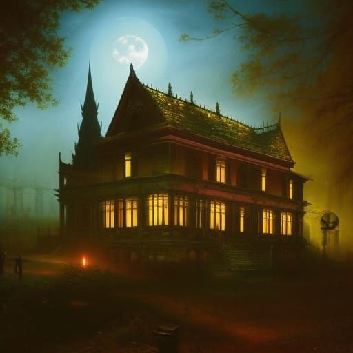 Ghost in a Haunted house under the full moon;

Cemetery in the background;

triadic colors ; light and shadows

; as pai...