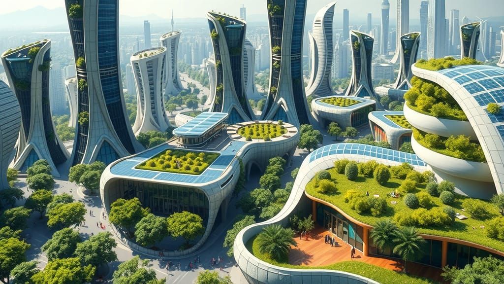 A world where technology and nature thrive together, using renewable energy, lush greenery  by @Alan