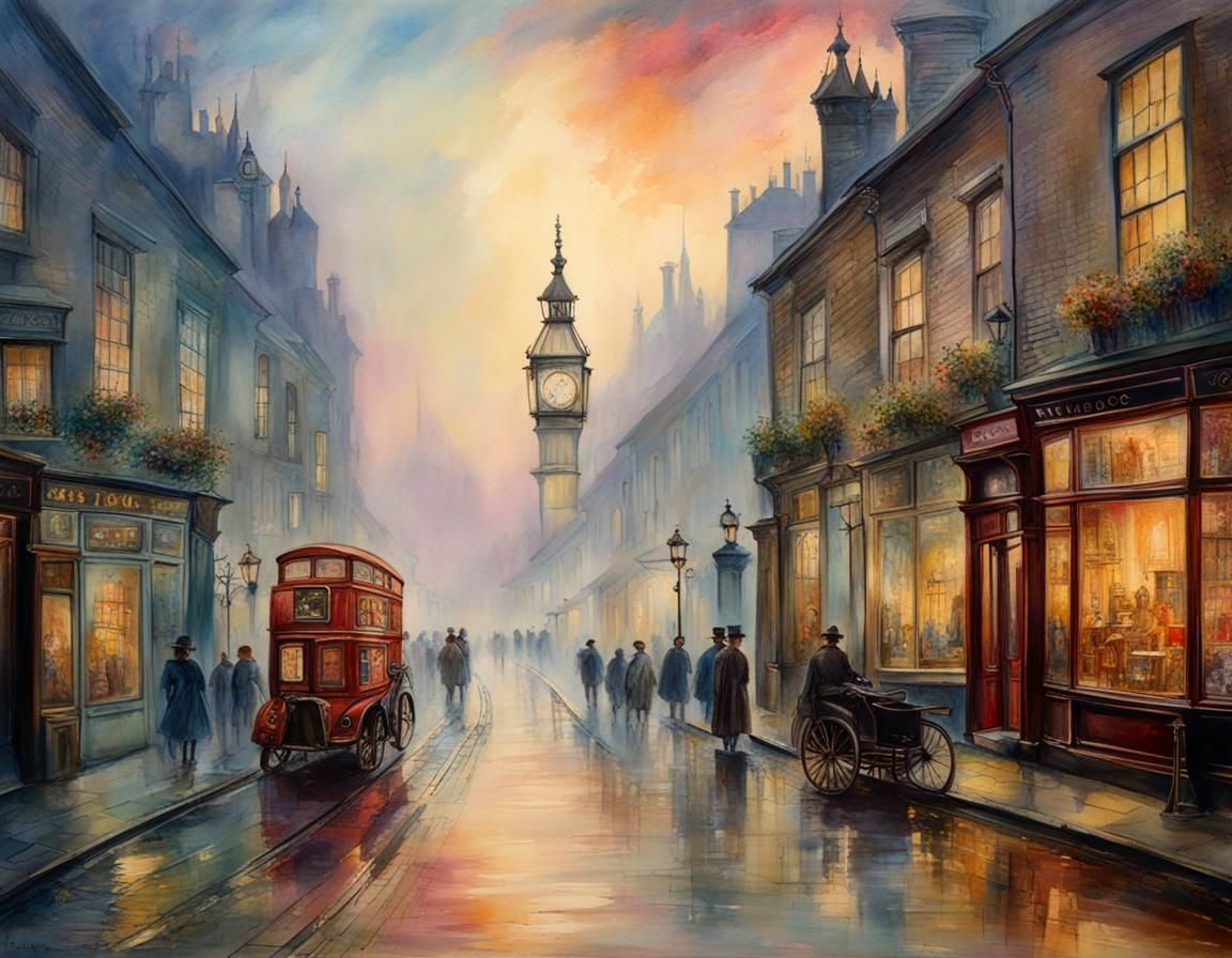 1880s misty London street, city