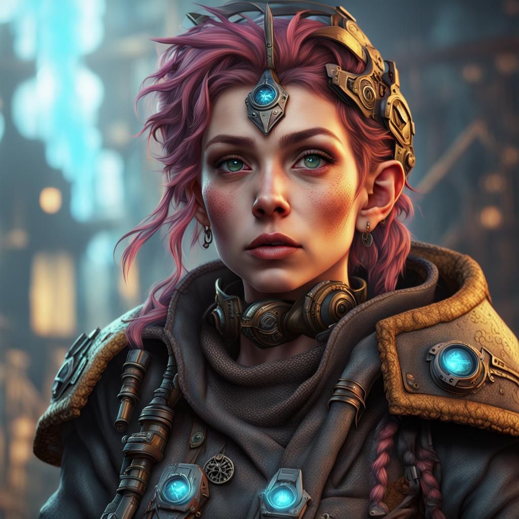 Halfling from Pathfinder as a cyperpunk character portrait.