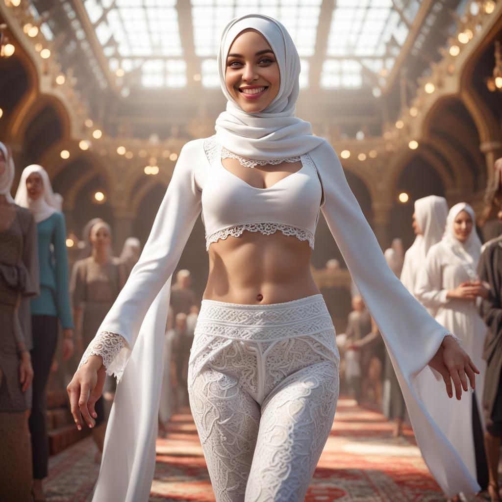 realistic picture, young european woman wearing a hijab, smiling in the  camera, walking over the catwalk, wearing white yoga pants, wearing - AI  Generated Artwork - NightCafe Creator