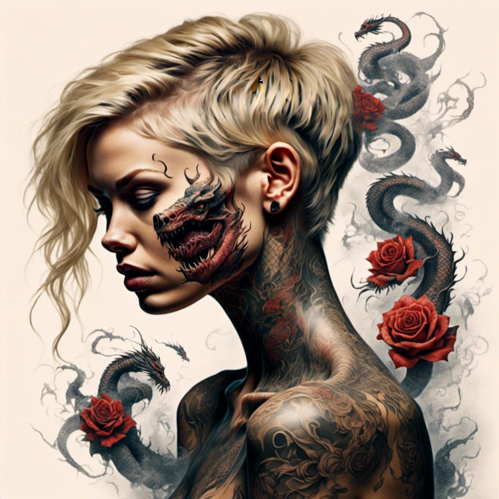 Portrait of a blonde female demon with tattoos peeling from their body, vivid animal  tattoos starts to peel and twist, shedding its two-dim...