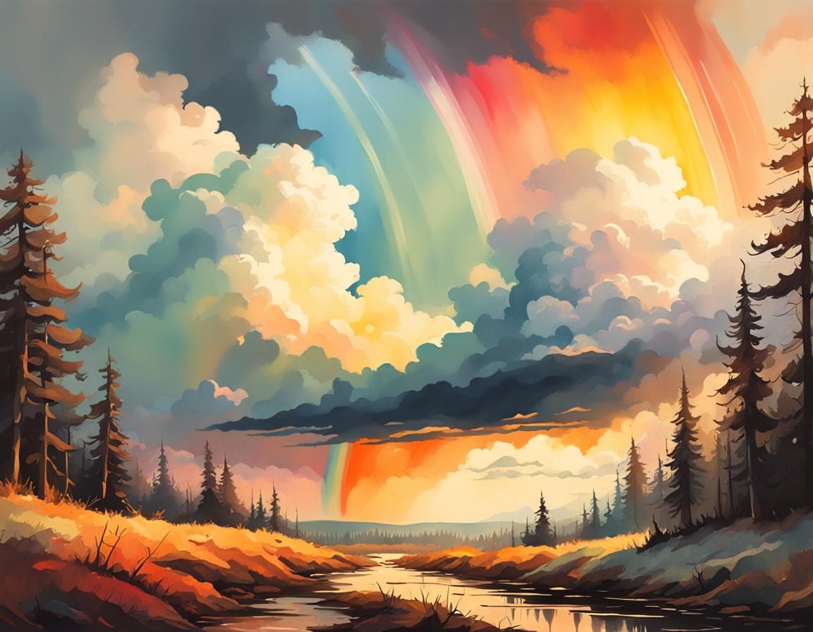 Rainbow in Clouds: Watercolor Matte Painting