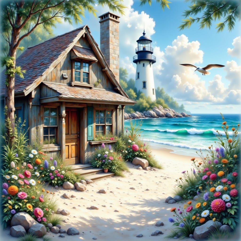 <lora:Favorites:1.0> beautiful cozy beach cottage with white sand blue water lighthouse and a seagull