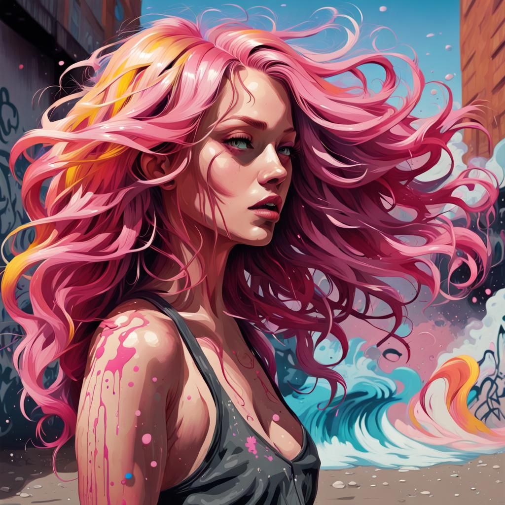 Pink hair illustration, wavy beach hair, flowing in wind
