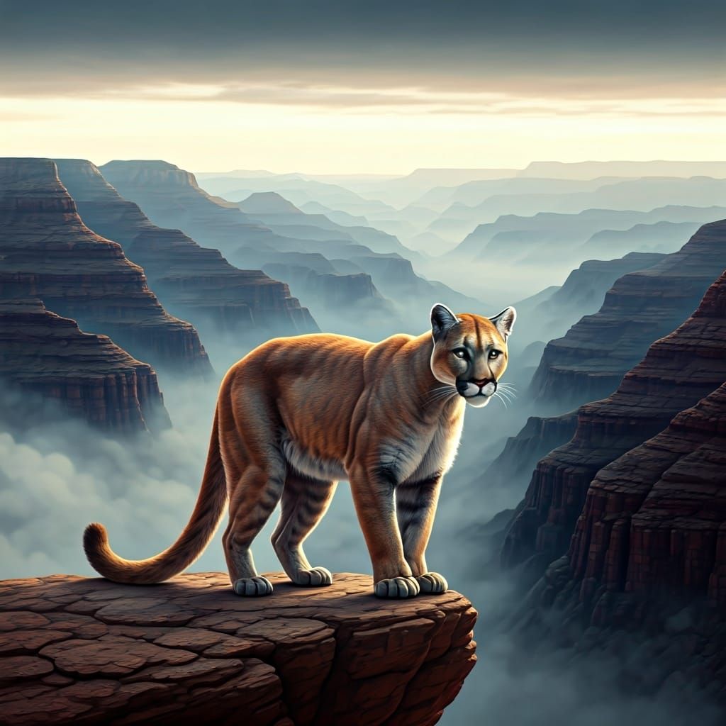 A cougar on a crag in Grand Canyon on a misty morning.