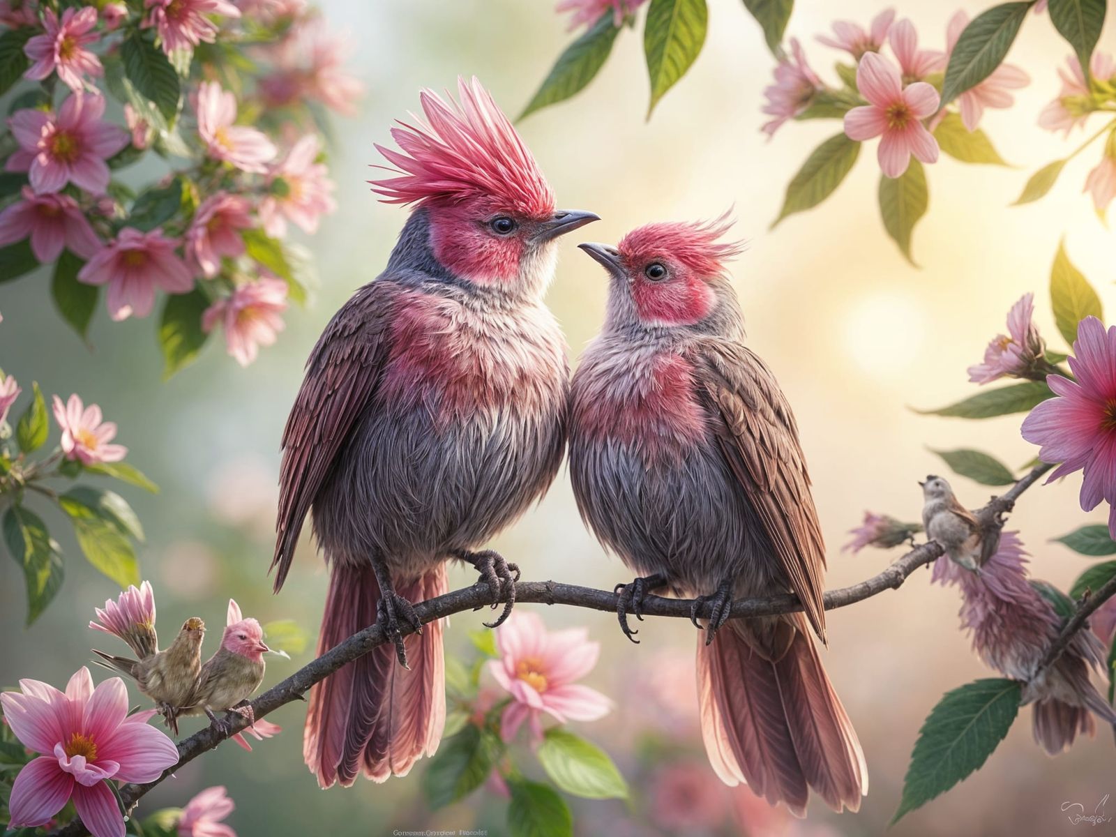 Create a realistic romantic image of two male and female birds that look like a blooming flower in vibrant ...  by @Kh-nagsh