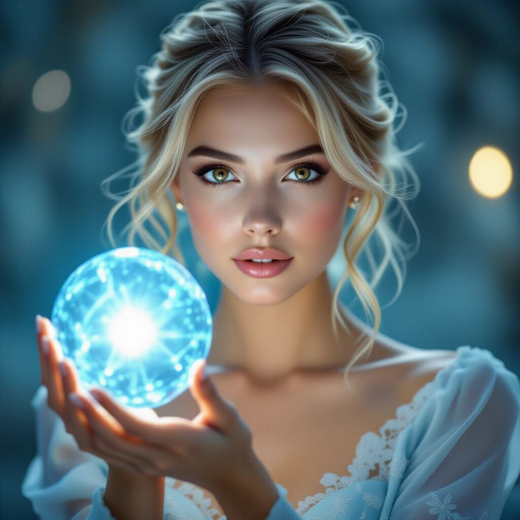 Fantasy,
Hyper realistic,
Photo quality,

Ethereal blond woman, large sparkling brown eyes,
robust
Mysterious look,

Holding a large ball of...