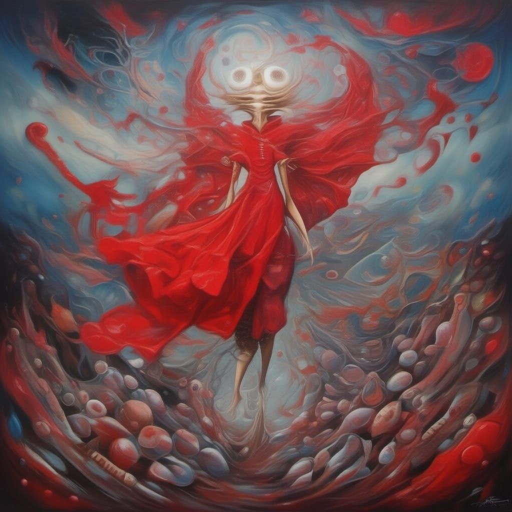 Abstract expressionism. A solitary, ethereal electric futuristic zombie-patrol with flowing-Zulu-cat and comic potatoes, standing amidst pun...