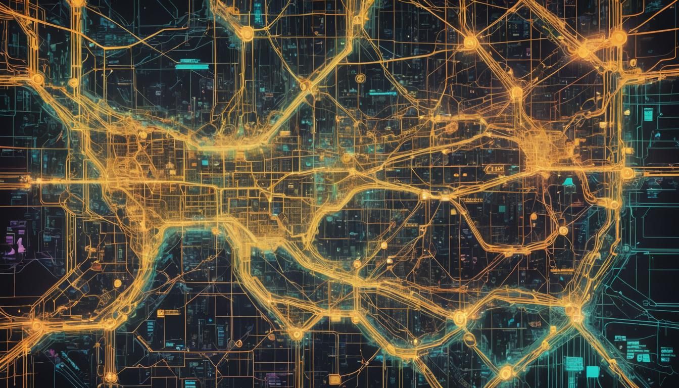 A cyberpunk hacker's network map displays data nodes, encryp...