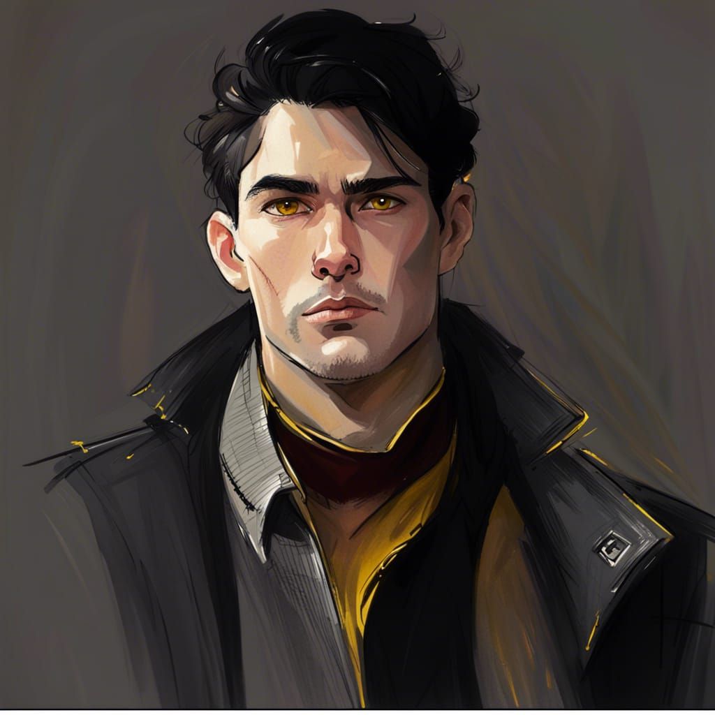 art sketch man dark hair yellow eyes pensive