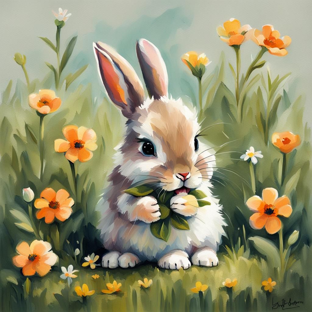 baby bunny eating a flower cute painting