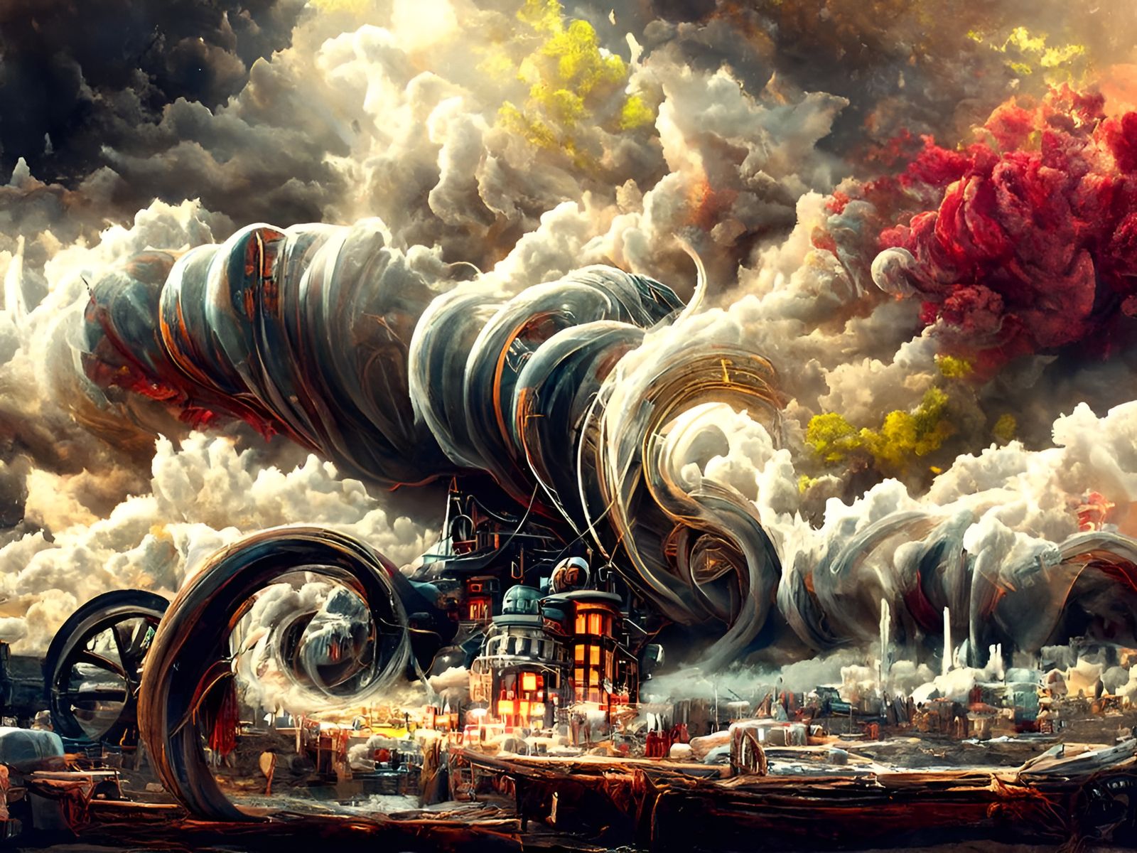 a tornado destroying a steampunk city