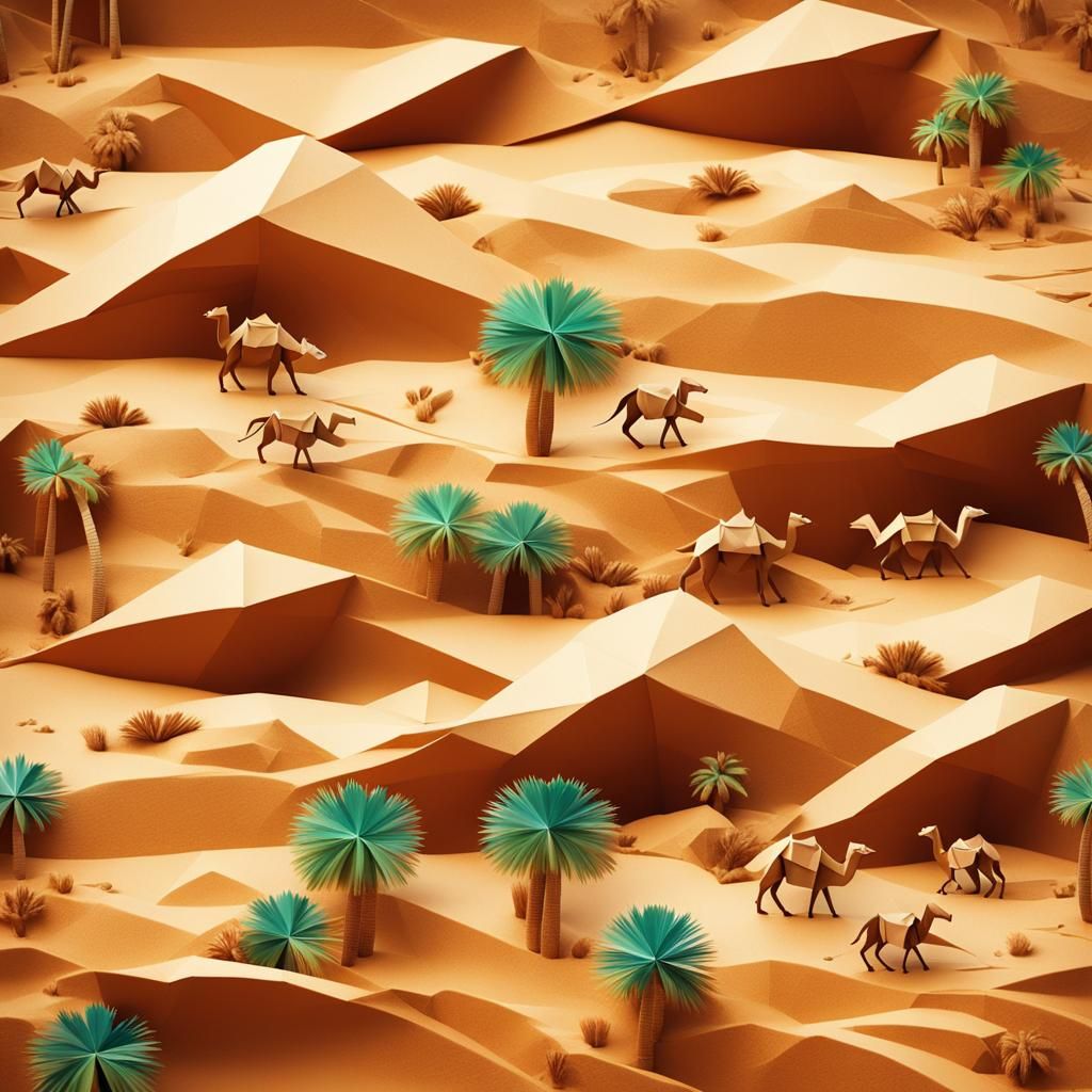 Desert with camels and foxes and palmeras