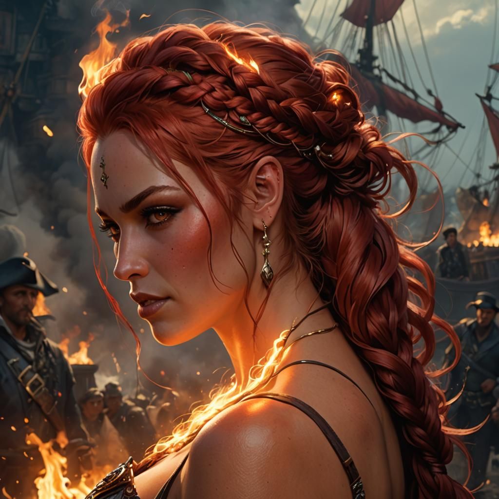 High Fantasy epic beautiful pyromancer pirate, red braided hair, evil ...
