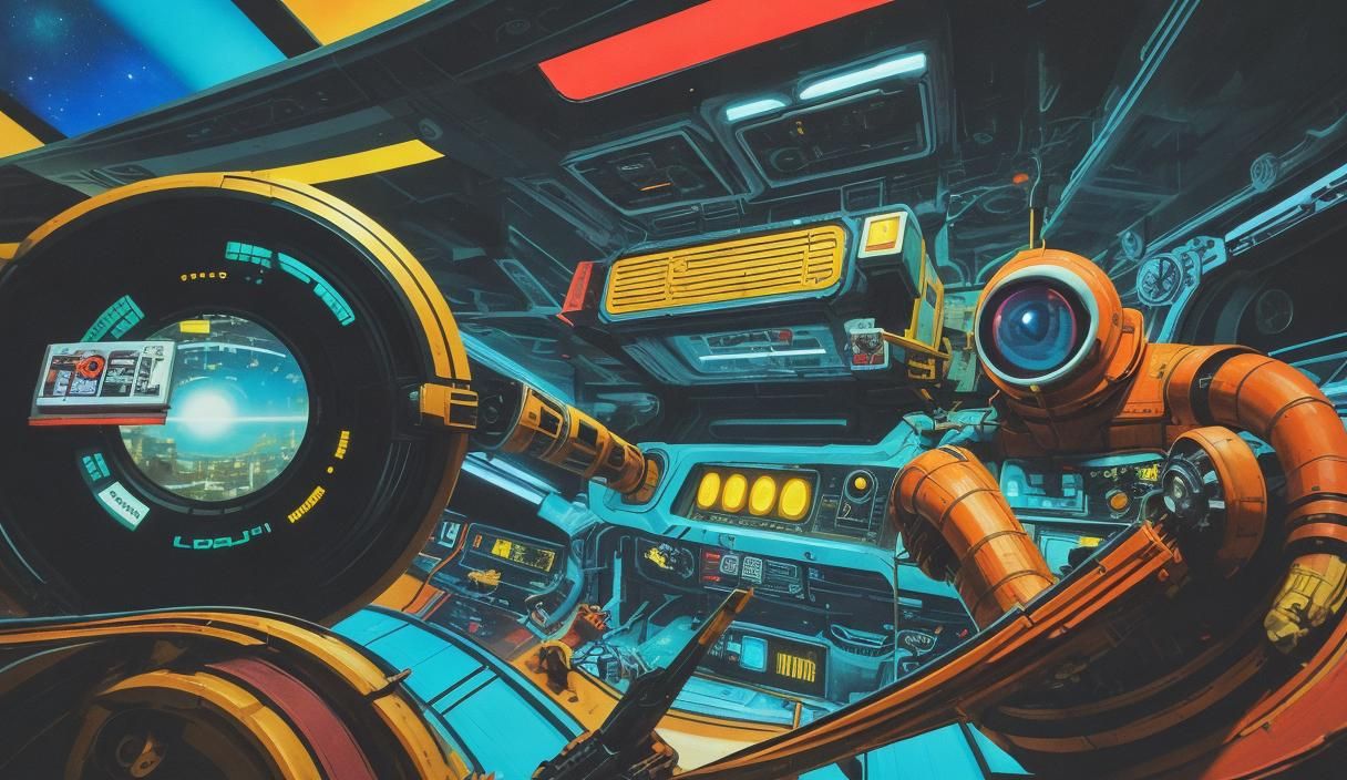 "Scene from a Candid surreal 70's Technicolor scifi sitcom",...