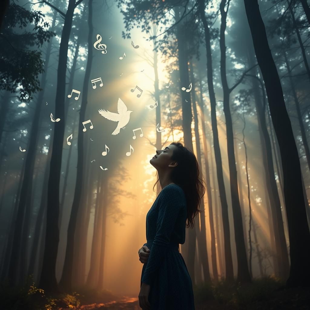 birds chirping in the trees the air is filled with musical notes, dynamic lighting, color corrected, deep color, 8K resolution, photorealist...