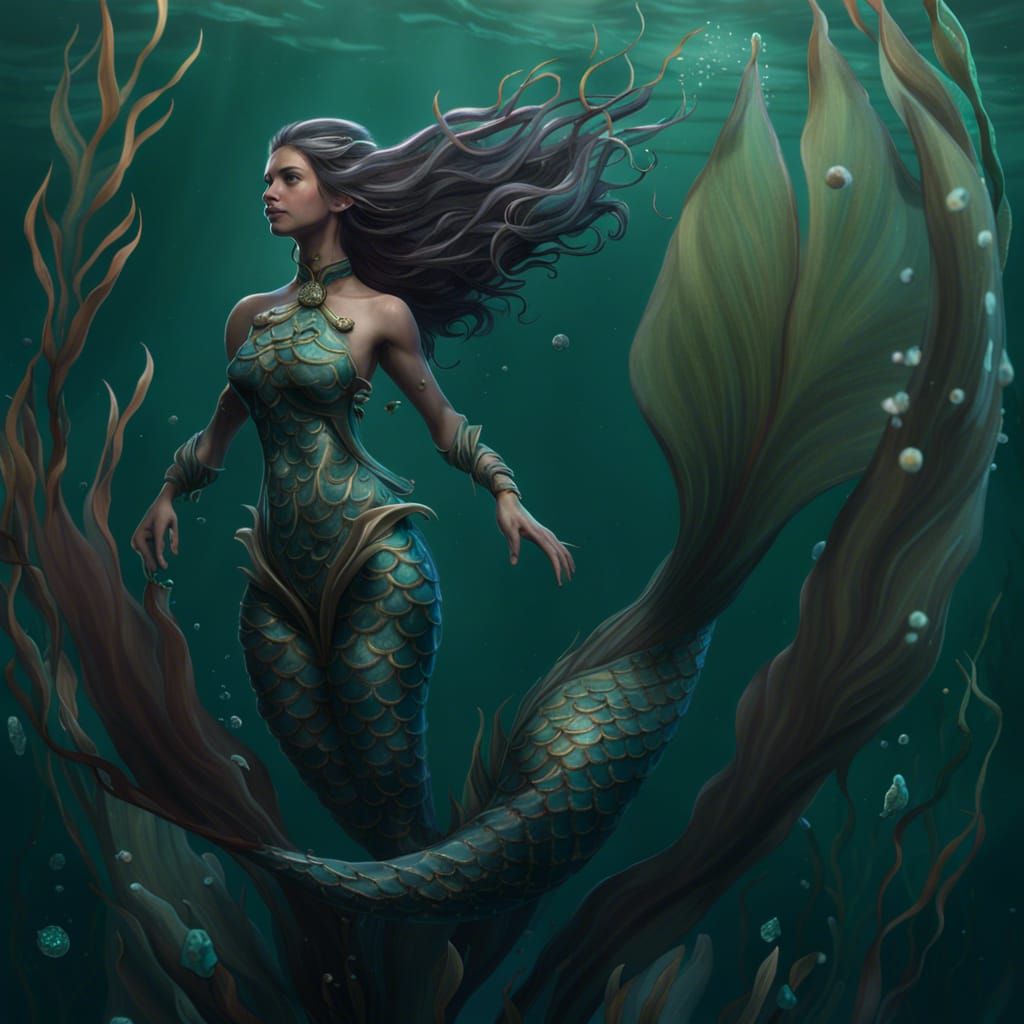 Mermaid in Kelp Forest: Detailed Matte Painting